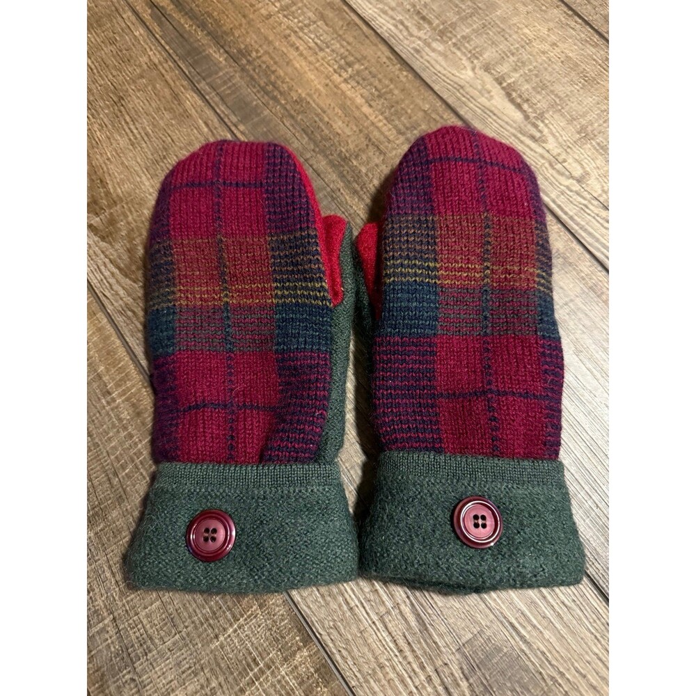Women’s Handmade Wool Plaid Mittens Red & Green